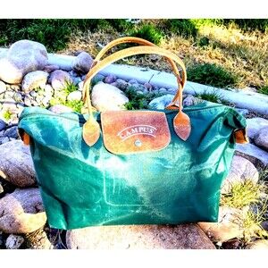 Vintage Campus Green Nylon w/Leather Accents Medium Zip-Up Carry/Tote Bag GUC